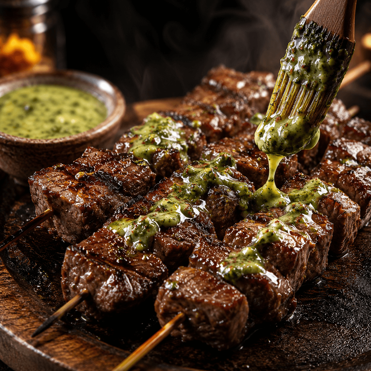 Brocheta de ojo de bife glaseada con mayonesa de chimichurri