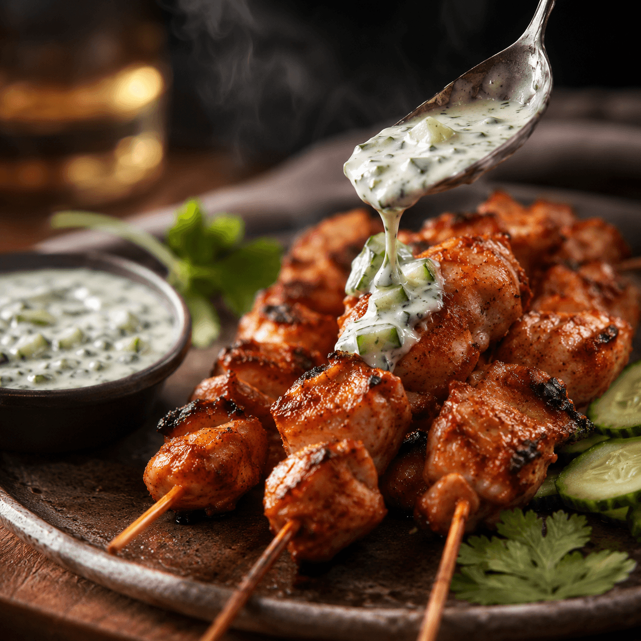 Brocheta de pollo tandoori con salsa de yogurt, cilantro y pepino